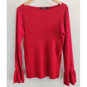 Lauren Ralph Lauren Ribbed Red Long Bell Flutter Sleeve Fitted Boat Neck Top